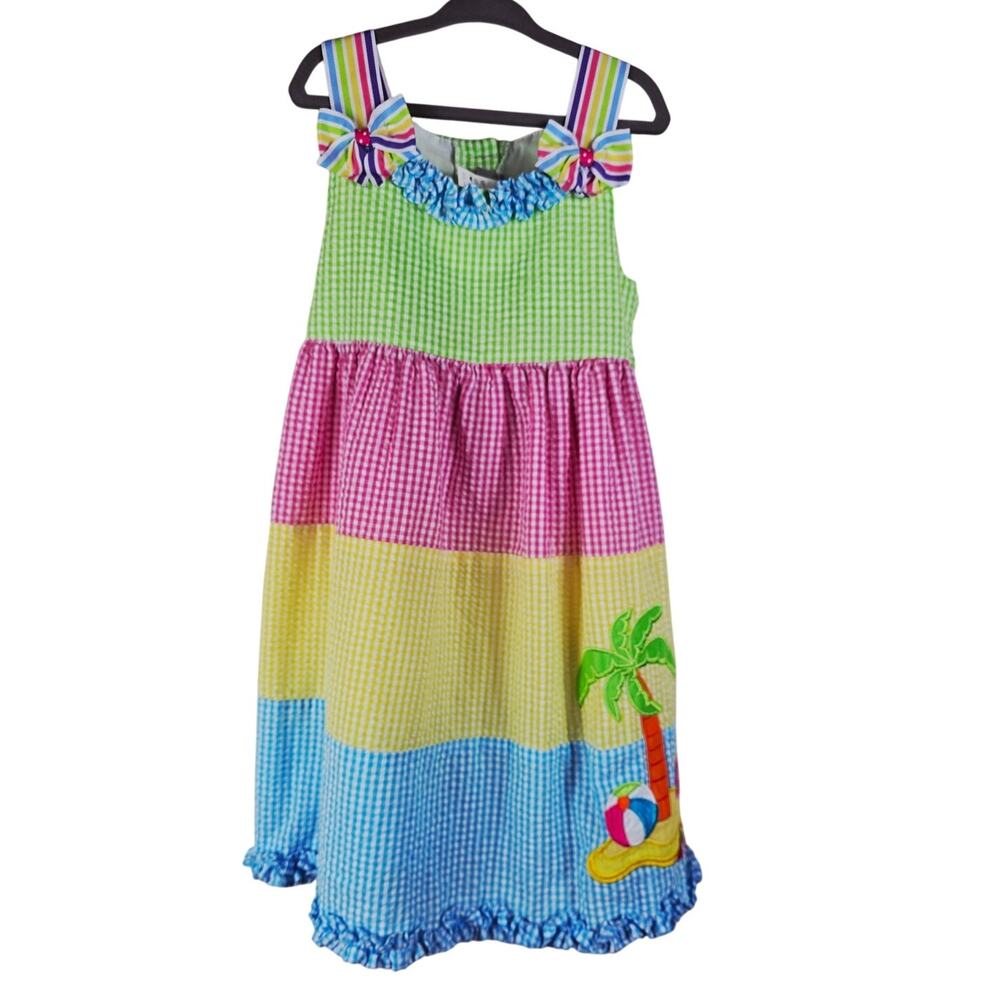 Emily Rose Seersucker Rainbow Tier Dress Ocean Scene Bows Girls Dress 6